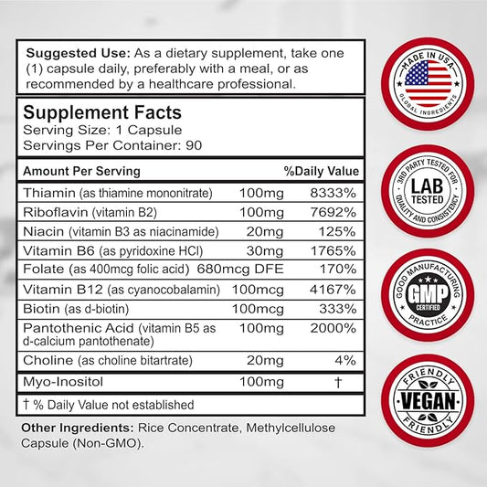 Divine Bounty Super B Complex Vitamins B12, B1, B1, B2, B2, B3, B3, B5, B5, B6, B6, B7, B7, B9, B9, Folic 90 Vegetarian