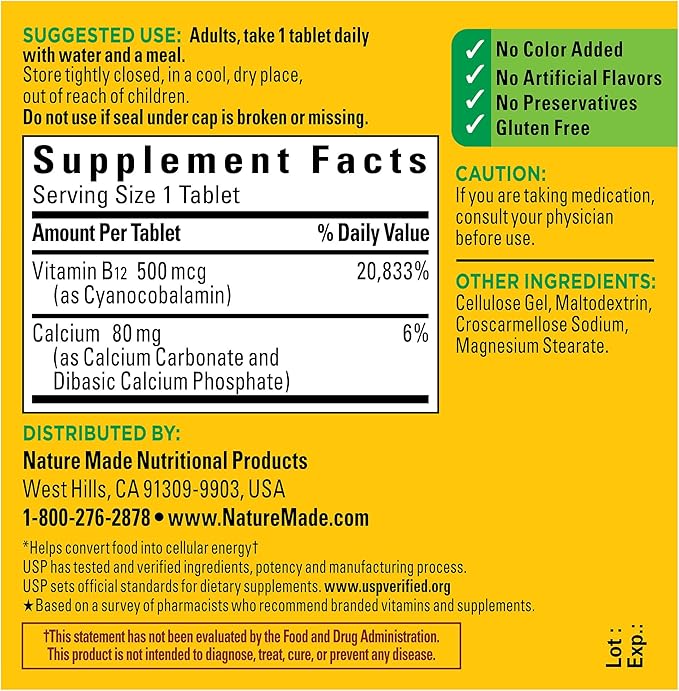 Nature Made Vitamin B12 500 mcg, 200 Tablets, 200 Day