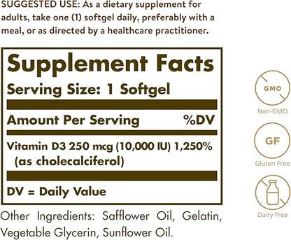 Solgar Vitamin D3 Cholecalciferol 250 MCG 10000 IU 180 Count
