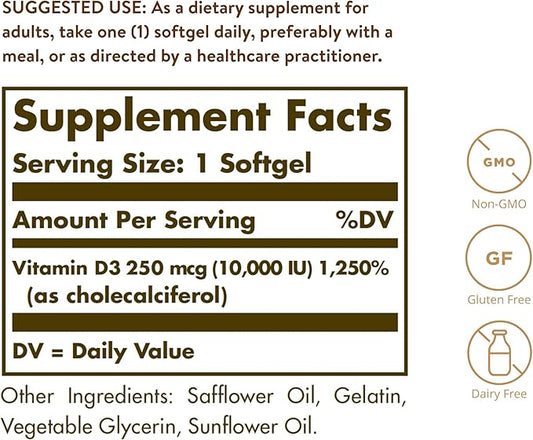 Solgar Vitamin D3 Cholecalciferol 250 MCG 10000 IU 180 Count