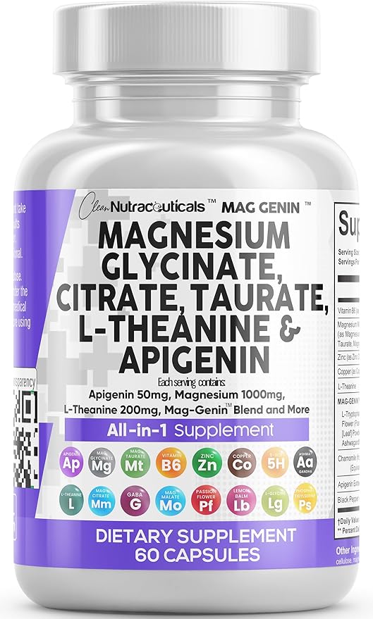 Magnesium Glycinate Complex 1000mg with L-Theanine 200mg Apigenin 50mg Citrate 5-HTP GABA 60 Count