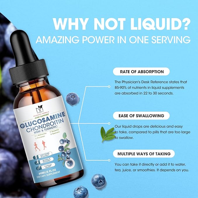 Glucosamine Chondroitin Liquid Drops with MSM Turmeric Boswellia Quercetin Bromelain-Vegan, Antioxidant Support for Back,Knee,Hands-Joint Support Supplement Healthy Joints, Mobility Cartilage