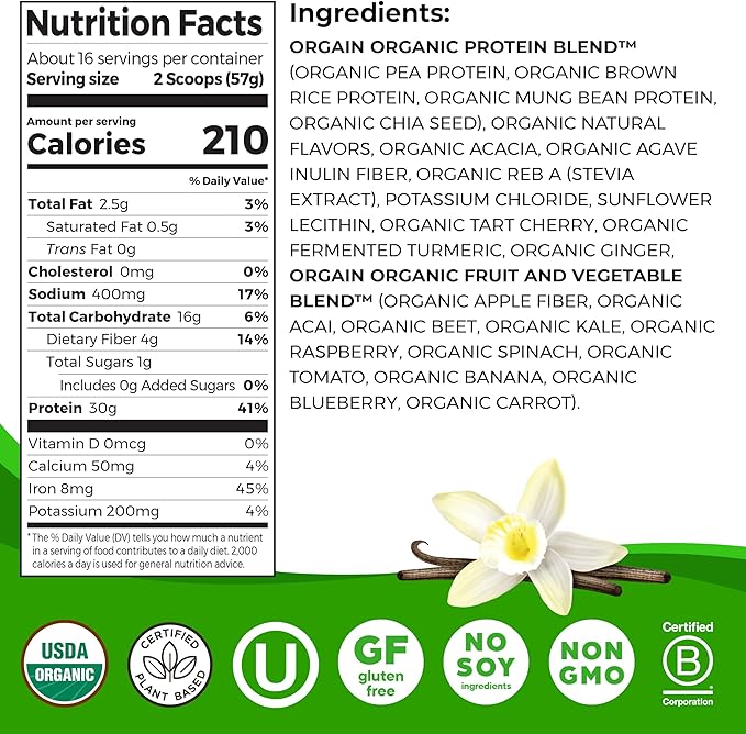 Orgain Organic 30g Vegan Protein Powder, 9g EAAs+BCAAs, 4g Prebiotic 1g Sugar, 2.01lb (Packaging