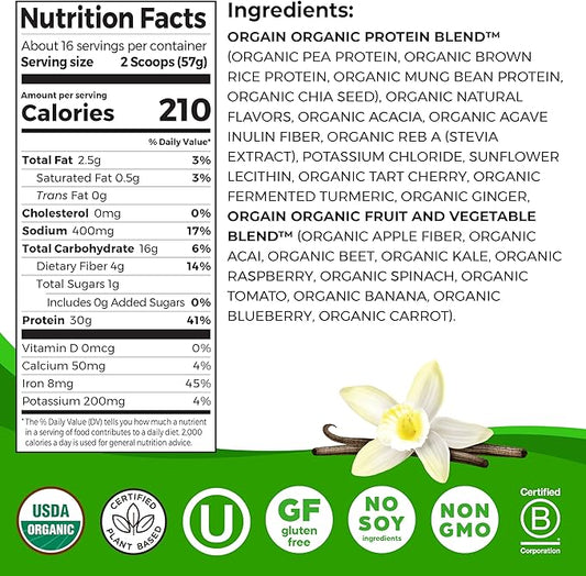 Orgain Organic 30g Vegan Protein Powder, 9g EAAs+BCAAs, 4g Prebiotic 1g Sugar, 2.01lb (Packaging