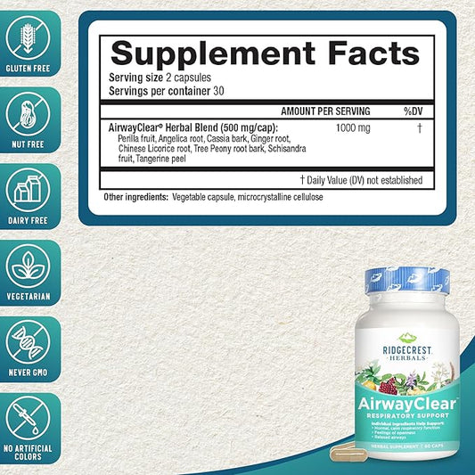 Ridgecrest Herbals AirwayClear, Lung Health and (60 Vegan 30 Serv)