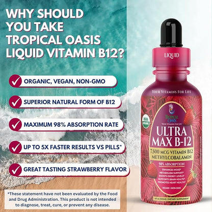 USDA Organic Ultra Max B12 | Superdose 7500mcg Vitamin B12 Liquid Drops | B12 as Methylcobalamin| Max 98% Absorption Rate | Promotes Energy| Vegan, Non-GMO, Strawberry flavor -4oz