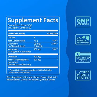 Nello Supercalm Powdered Drink Mix, Lemon Lime, L Theanine, Ksm-66 Ashwagandha, Magnesium Glycinate, Vitamin D 3, Supplements for Relaxation & Focus, Natural, No Sugar, Non GMO, Vegan, 30 Srvgs