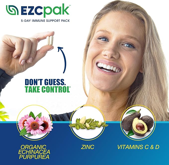 EZC Pak 5-Day Immune System Booster with Echinacea, Vitamin C, Zinc & Vitamin D - Tapered Immune Support Supplement for Adults - Supports Immunity, Easy Travel-Size Supplement Pack