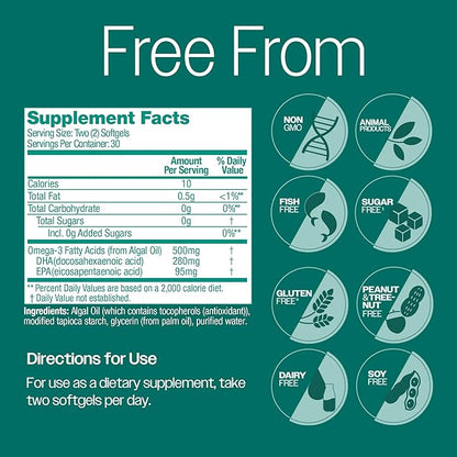 OVEGA-3 Plant-Based Omega-3 from Algal Oil 500mg, Supports 60 Count