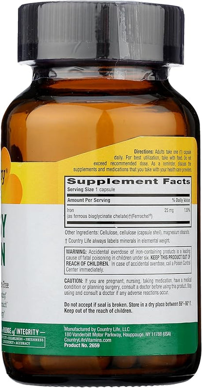 Country Life Easy Iron 25mg Capsules - Gentle Non-Constipating Ferrochel - Vegan Vitamin Supplement for Women & Men - Supports Body Energy - Multivitamin with Iron