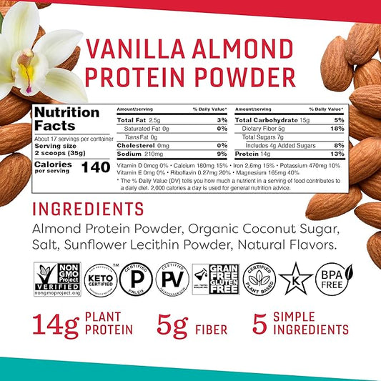 Vanilla Almond Protein Powder, 21 Ounce, 14g Plant 17 Servings