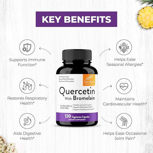 Sandhu's Quercetin with Bromelain 1000mg Per Serving 120 Count Vegetarian Capsules Bioflavonoids Supplement Complex Supports Immune, Cardiovascular & Respiratory Health
