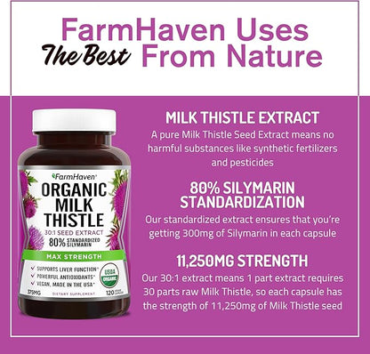 FarmHaven USDA Organic Milk Thistle Capsules 30X Concentrated 80% Silymarin 360 Vegan