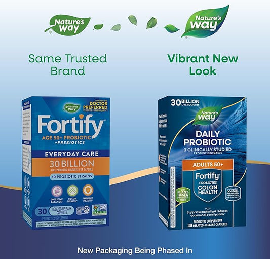 Nature's Way Fortify 50+ Daily Probiotic for Men and Women, 30 Billion Live Cultures, Colon, Digestive, and Immune Health Support* Supplement, 30 Capsules (Packaging May Vary)