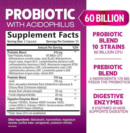 Probiotics 60 Billion CFU per Serving - 10 Strains + Prebiotics - Immune, Digestive & Gut Health Support, Supports Occasional Constipation, Gas & Bloating for Women & Men, Shelf Stable - 180 Capsules