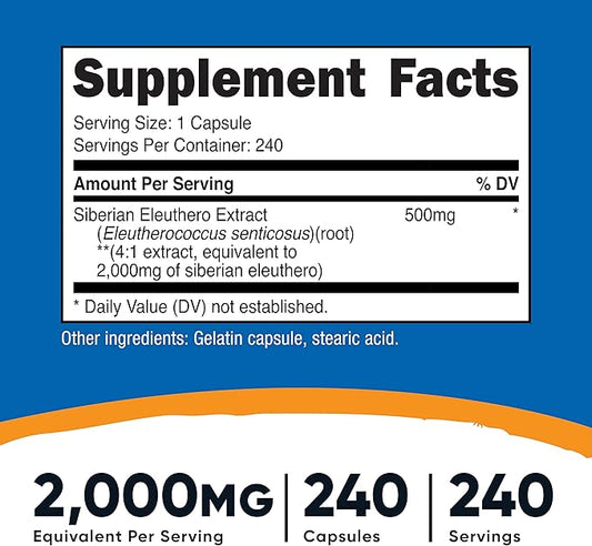 Nutricost Siberian Eleuthero 500mg, 240 Capsules (3 Bottles)