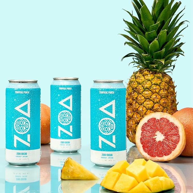 ZOA Zero Sugar Energy Drinks, Tropical Punch - Sugar Free with Electrolytes, Healthy Vitamin C, Amino Acids, Essential B-Vitamins, and Caffeine from Green Tea - 16 Fl Oz (12-Pack)