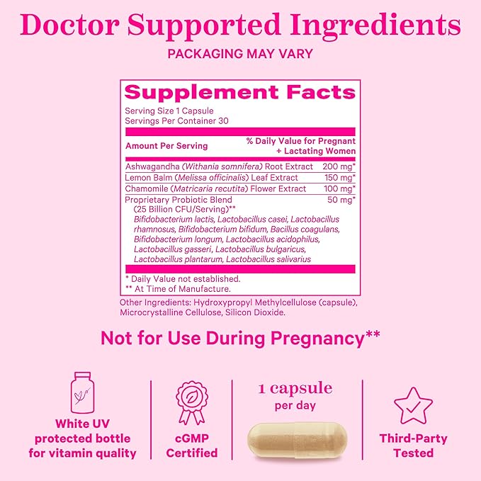 Pink Stork Probiotics for Postnatal Women - 30 Billion CFUS with Ashwagandha and Chamomile, Postpartum Essentials for Hormone Balance, Mood Support, Gut Health, Digestive Wellness, 30 Capsules