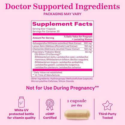 Pink Stork Probiotics for Postnatal Women - 30 Billion CFUS with Ashwagandha and Chamomile, Postpartum Essentials for Hormone Balance, Mood Support, Gut Health, Digestive Wellness, 30 Capsules