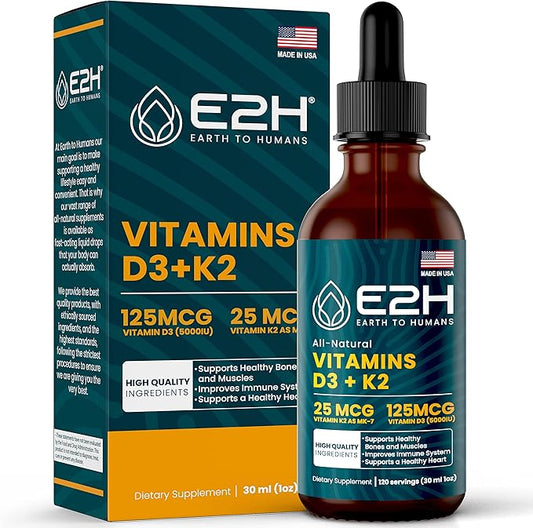 E2H Vitamins D3 & K2 Supplement for Immune Support - Liquid Vitamin D3 5000 IU - Made in The USA - Non-GMO, Vegan - 120 Servings