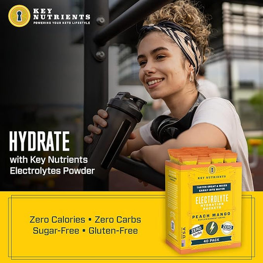 KEY NUTRIENTS Multivitamin Electrolytes Powder Packets - Tropical Peach Mango Post Workout and Recovery 40 Pack Hydration Packets - No Sugar, No Calories - Travel Hydration Powder