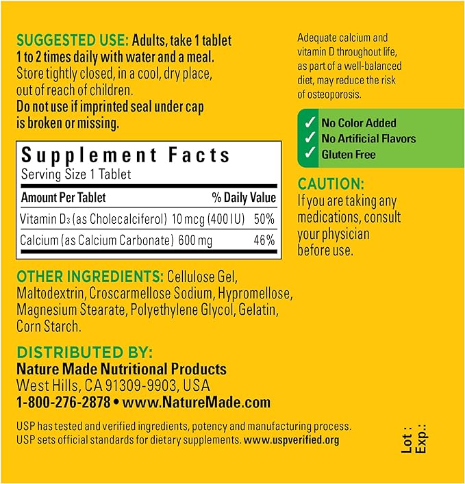 Nature Made Calcium 600 mg D3 for 60 Count, 3)
