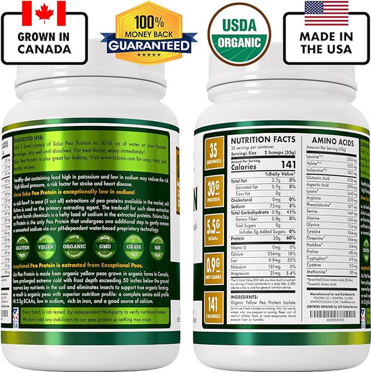 SOLO Organic Pea Protein Isolate, Low 100% Vegan, (2.7 lbs)