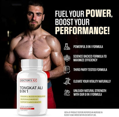 Doctor's RX || #1 New 9 in 1 Tongkat Ali + Horny Goat Weed || Maximize Blood Flow, Increase Mood & Stamina | Ultra Dosed Formula w/ 9 Powerful Ingredients | Research Backed + USA Made - 60 Capsules