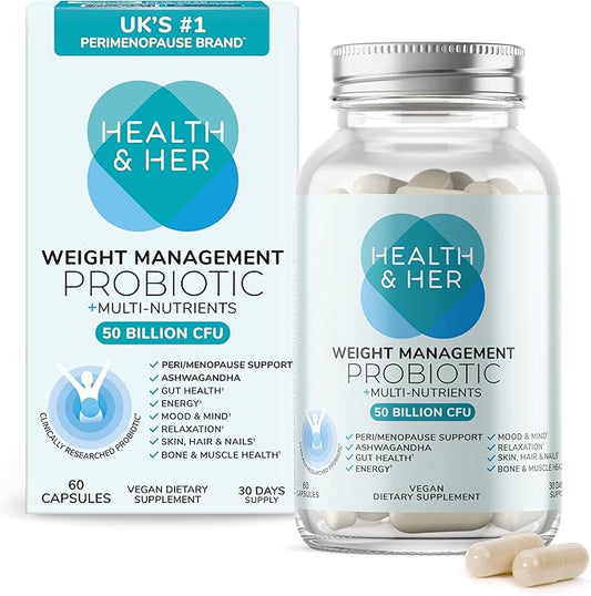 Health & Her Weight Management Probiotic | Perimenopause & Menopause - Clinically Studied 50bn CFU probiotic to Support Gut Health, Energy, Mood & Mind. 1 Month Supply - 60 Vegan Tablets