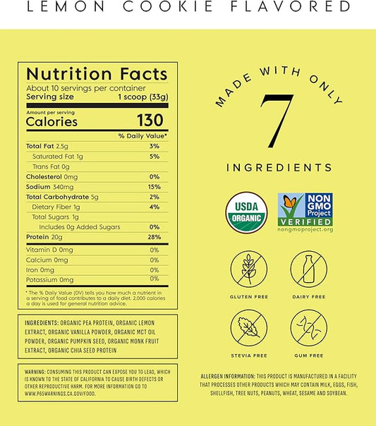 Truvani Vegan Pea Protein Powder | Lemon Cookie | 20g Organic Plant Based Protein | 10 Servings | Keto | Gluten & Dairy Free | Low Carb | No Added Sugar