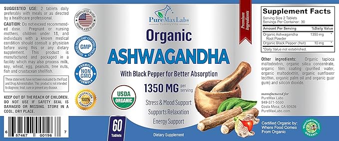 USDA Organic Ashwagandha 1350mg with 60 Tablets