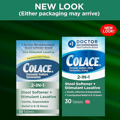 Colace 2-In-1 Stool Softener & Stimulant 6-12 Hours, 30 Count