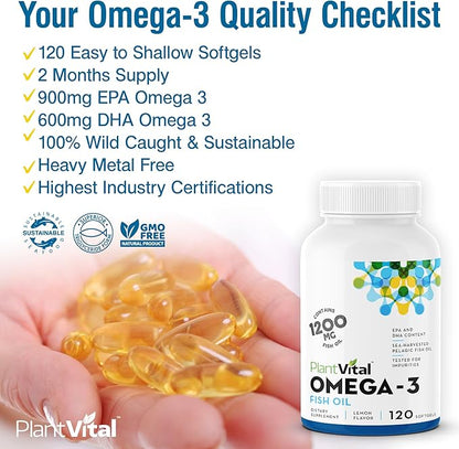 Plantvital Omega 3 Capsules- Pure Norwegian Omega 3 Fish Oil Supplements - Triple Strength- No Fish Flavor- Molecularly Distilled- Cognitive, Joint, Eye, Hair and Heart Health support-120 Capsules