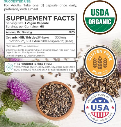 USDA Organic Milk Thistle Capsules 80% Silymarin 300mg of 30:1 Milk 9,000mg - 60 Day