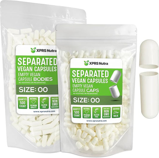 XPRS Nutra Vegan Size 00 Separated Capsules - 100 Count Premium Empty Capsules Separated in Bags - Separated Empty 00 Capsules - Pill Capsules Empty for DIY Supplement Filling (White)