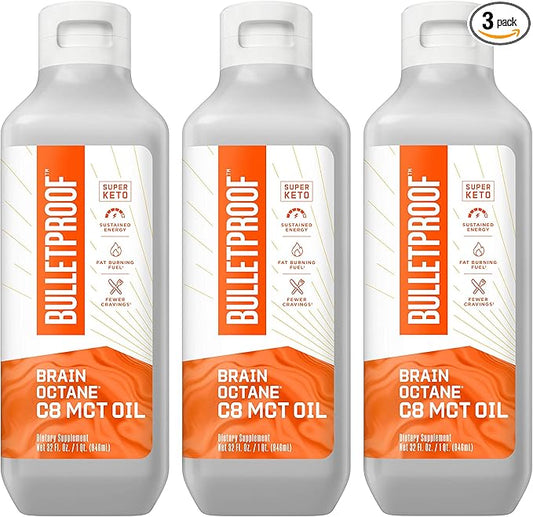Bulletproof Brain Octane C8 MCT Oil, 32 Ounces (Pack of 3), Keto Supplement for Sustained Energy and Craving Support