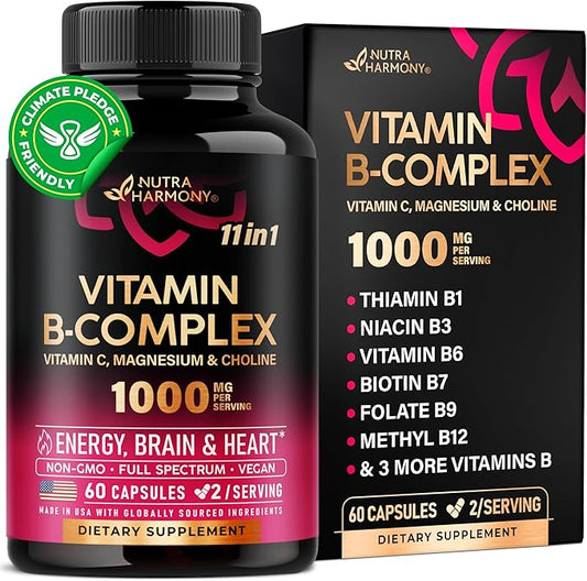 Vitamin B Complex for Men & Women 11-in-1 B-Complex: B1, B2, B2, B3, B3, B5, B5, B6, B6, B7, B7, B8, B8, B9, B9, B12 B12 with 60 Vegan
