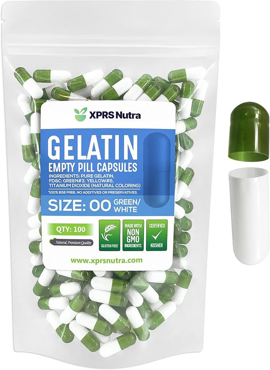 XPRS Nutra Size 00 Empty Capsules - 100 Count Empty Gelatin Capsules - Empty Pill Capsules - DIY Capsule Filling - Fillable Pill Capsules Empty Gel Caps (Green/White)