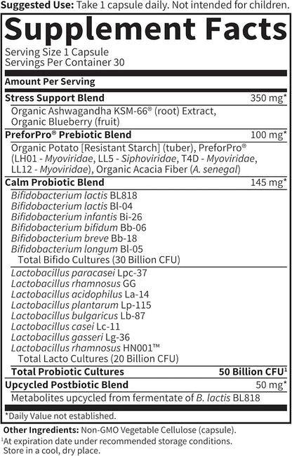 Garden of Life Dr Formulated Calm Daily 3-in-1 Complete Probiotics, Prebiotics & Postbiotics with Ashwagandha - PRE + PRO + POSTBIOTIC Supplement for Immune, Digestive & Mood Support - 30 Day Supply