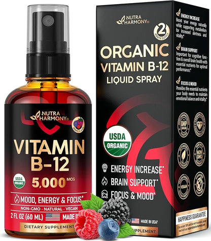 NUTRAHARMONY USDA Organic Vitamin B12 Spray - 5000 mcg Liquid Vegan Methylcobalamin for Women & Men - Energy Boost, Focus & Mood, Brain Health Support - Maximize Absorption - 2 Month Supply, 2 fl oz