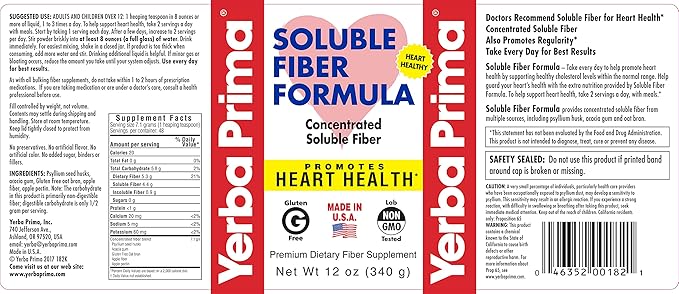 Yerba Prima Soluble Fiber Formula Powder, 12 Ounce