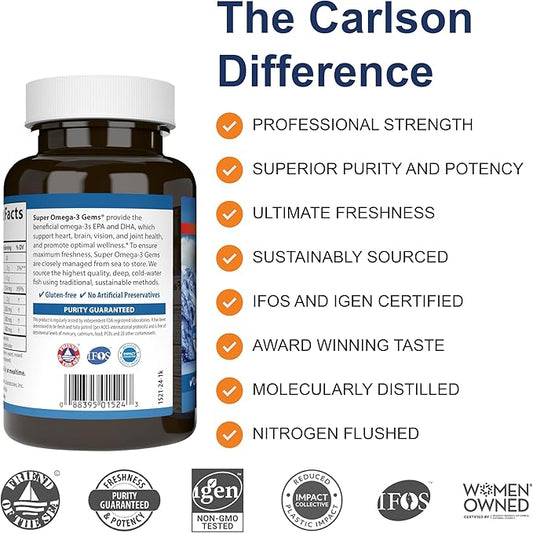 Carlson - Super Omega-3 Gems, 1200 Omega-3 Fatty 3 Supplements, 100+30 Softgels