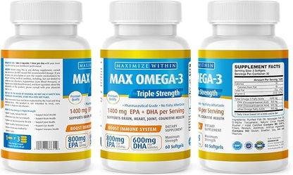 Max Omega 3 Fish Oil Pills (2000 mg 3 Fatty 600mg DHA 800 mg