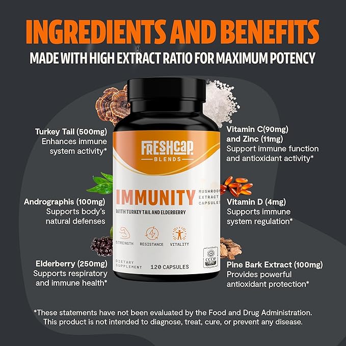 FreshCap Immunity Immune Support Supplement, Immune Boosters for Adults, Immunity Boost Supplement, Elderberry Vitamin C and Zinc, Turkey Tail Mushroom Supplement Capsules, Ayurveda (120 Capsules)