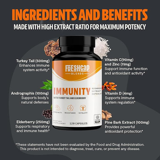 FreshCap Immunity Immune Support Supplement, Immune Boosters for Adults, Immunity Boost Supplement, Elderberry Vitamin C and Zinc, Turkey Tail Mushroom Supplement Capsules, Ayurveda (120 Capsules)