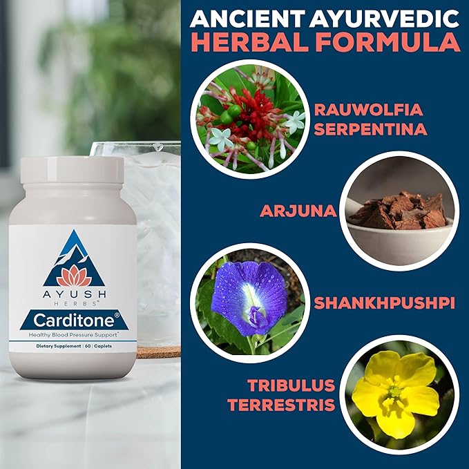Ayush Herbs Carditone - Natural Heart Health Supplement for Women & Men, BP Formula, Holistic Heart Support with Rauwolfia, Arjuna, Calcium, and Magnesium - 60 Vegetarian Caplets (1 Count)