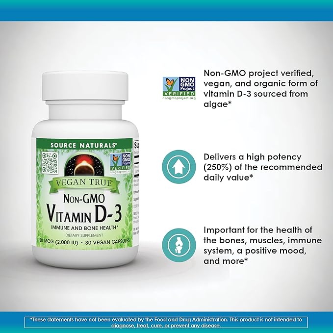 Source Naturals Vegan True, Non-GMO Vitamin D-3, Dietary Supplement for Immune and Bone Health*, 2,000 IU - 30 Capsules
