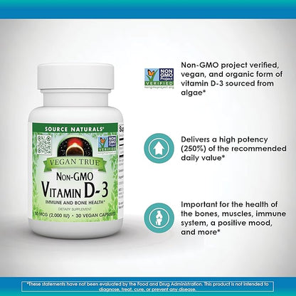 Source Naturals Vegan True, Non-GMO Vitamin D-3, Dietary Supplement for Immune and Bone Health*, 2,000 IU - 30 Capsules