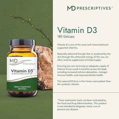 Vitamin D3 180 Gelcaps - Maximum Absorption for Strong Bones, Muscle & Immune Support, Non GMO Vegetarian Softgels, 125 mcg (5,000 IU)