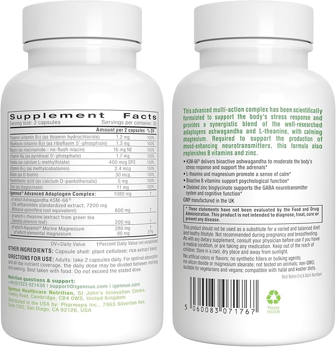 Advanced Ashwagandha KSM-66, L-Theanine & Magnesium, Ashwagandha For Men and Women, Multi Action Adaptogen Complex for Stress Support with Zinc & B Vitamins, Clean Label, 60 Vegan Capsules, by Igennus